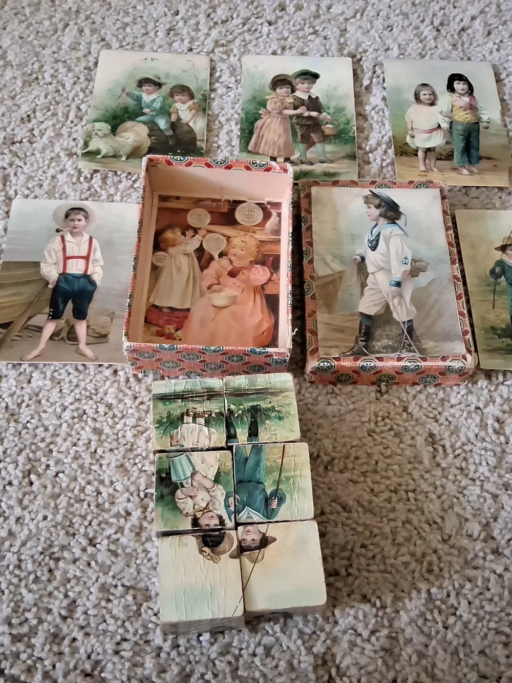 Antique Wood Block Puzzle 6-in-1 Picture Cubes Victorian w/ Box & 5 Guide Sheets